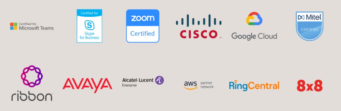 Icons for UC apps including microsoft teams, skype, zoom, cisco, google cloud, mitel, ribbon, alcatel-lucent, aws, ringcentral, and 8x8